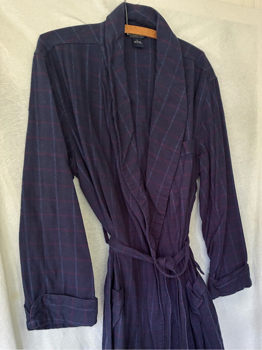 Brooks Brothers Mens Small Navy Plaid Cotton Flannel Robe Shawl Collar Tie Waist